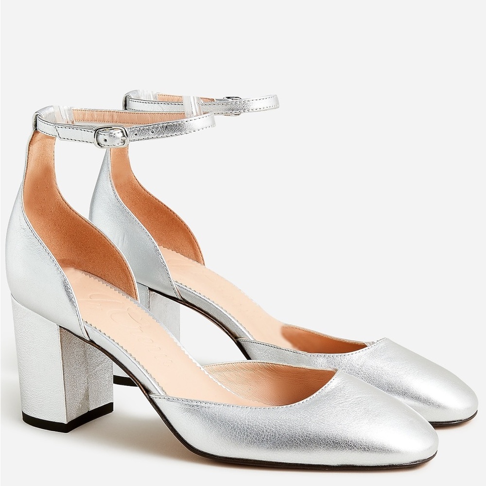 NWOT J Crew Silver Ankle Strap Heels